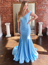 Blue Satin V-Neck Mermaid Long Prom Formal Dress